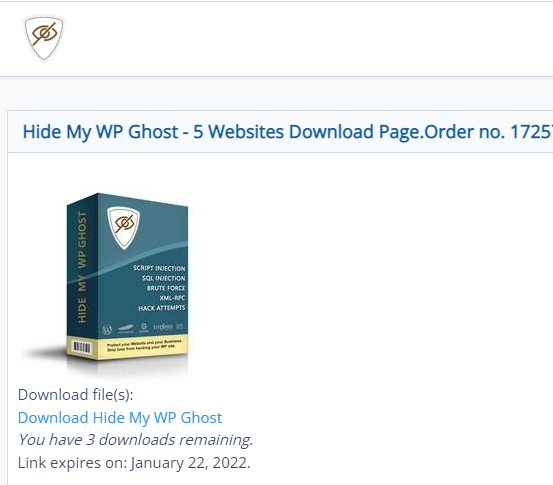 Hide My WP Ghost - 5 Websites Download Page.Order no. 1725778